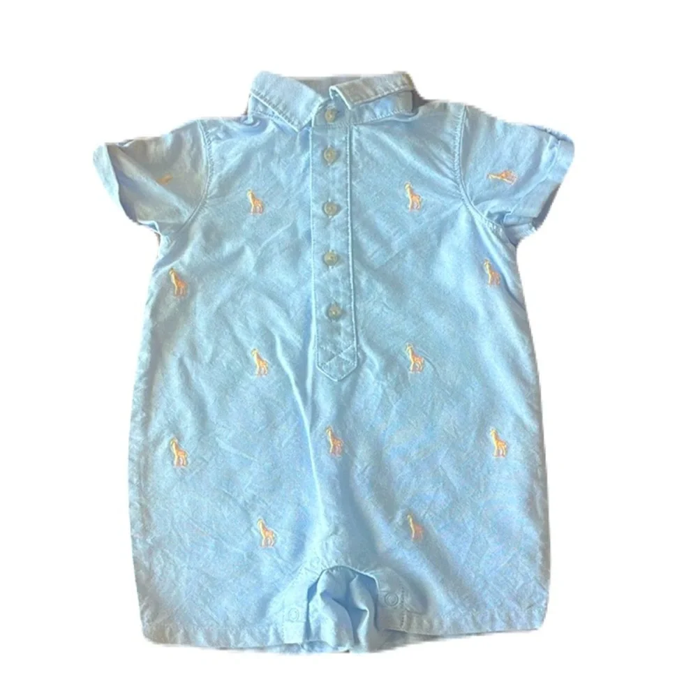 JANIE AND JACK Blue Giraffe Embroidered Polo Shirt Romper